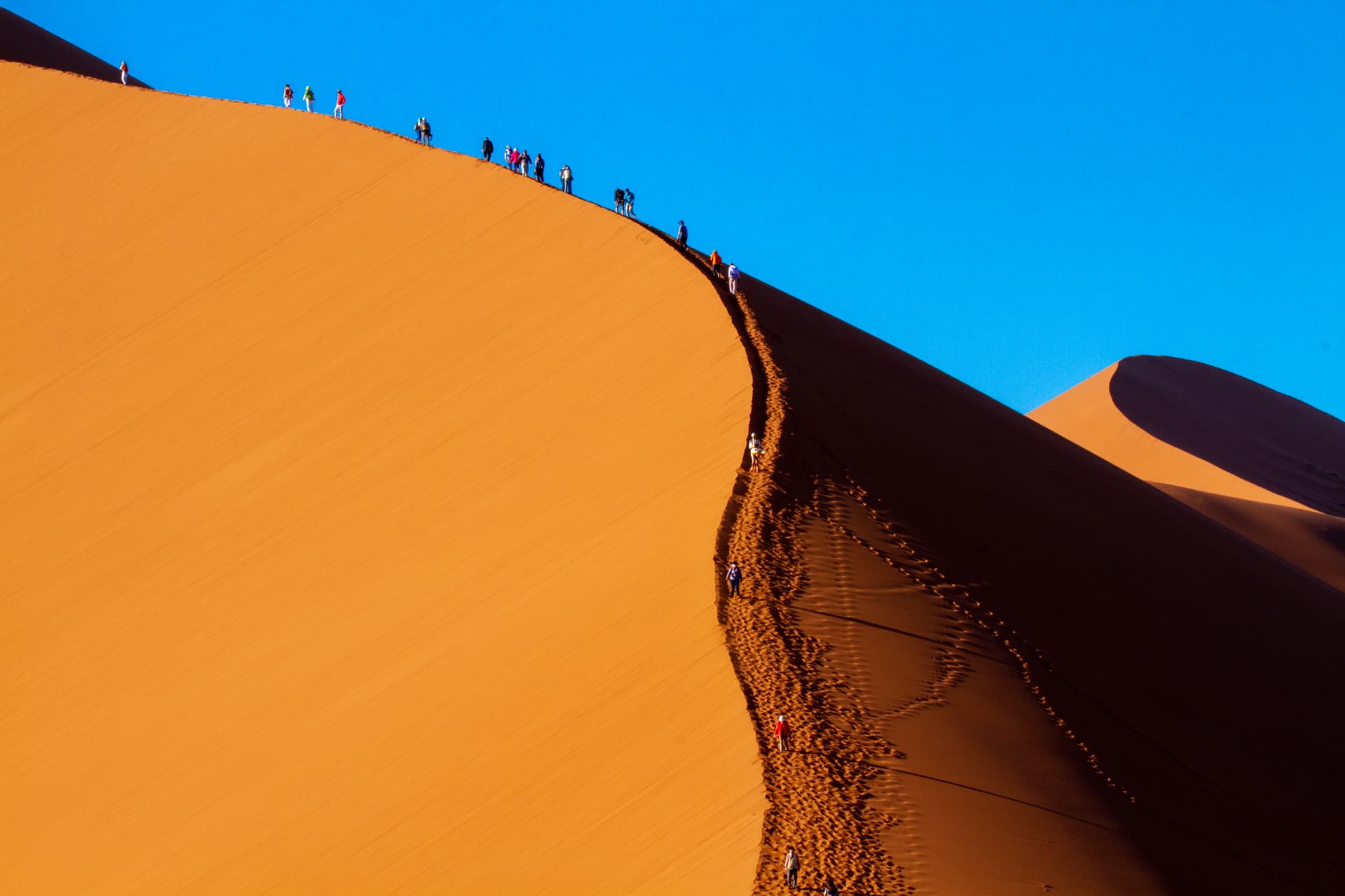 Hikers walking along the ridge of a towering golden sand dune under a deep blue sky